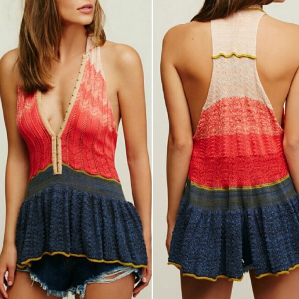 Free People Red and Blue Knit Top